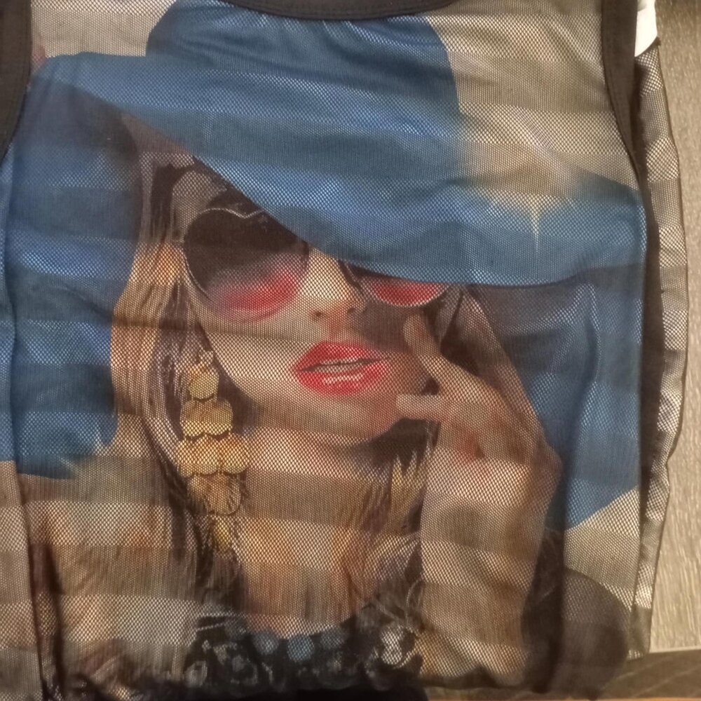 Y2K Graphic Print Tunic Dress with Front Mesh Overlay - Picture 5 of 5
